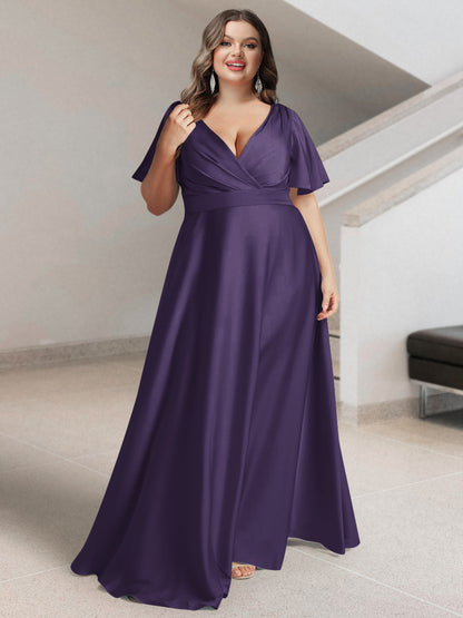 Ligne A/Princesse Col en V Manches Courtes Satin de Soie Grande Taille Robes de Demoiselle d'Honneur avec Poches