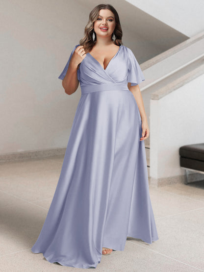 Ligne A/Princesse Col en V Manches Courtes Satin de Soie Grande Taille Robes de Demoiselle d'Honneur avec Poches