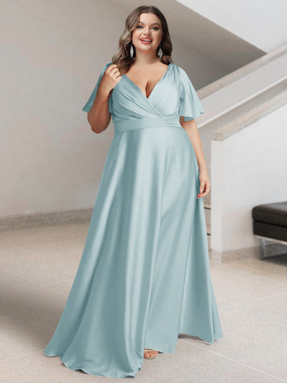 Ligne A/Princesse Col en V Manches Courtes Satin de Soie Grande Taille Robes de Demoiselle d'Honneur avec Poches