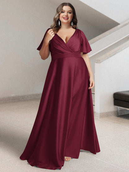 Ligne A/Princesse Col en V Manches Courtes Satin de Soie Grande Taille Robes de Demoiselle d'Honneur avec Poches