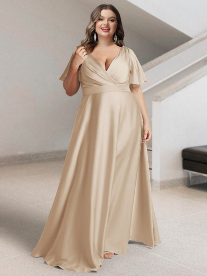 Ligne A/Princesse Col en V Manches Courtes Satin de Soie Grande Taille Robes de Demoiselle d'Honneur avec Poches