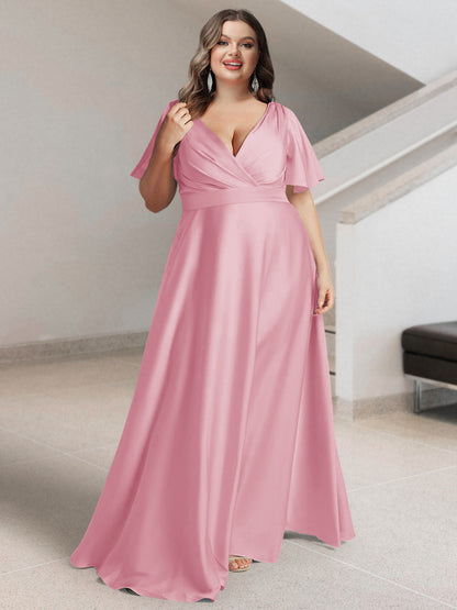 Ligne A/Princesse Col en V Manches Courtes Satin de Soie Grande Taille Robes de Demoiselle d'Honneur avec Poches