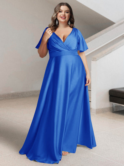 Ligne A/Princesse Col en V Manches Courtes Satin de Soie Grande Taille Robes de Demoiselle d'Honneur avec Poches