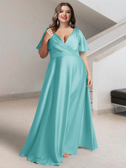 Ligne A/Princesse Col en V Manches Courtes Satin de Soie Grande Taille Robes de Demoiselle d'Honneur avec Poches