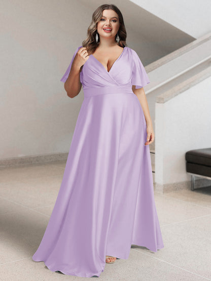 Ligne A/Princesse Col en V Manches Courtes Satin de Soie Grande Taille Robes de Demoiselle d'Honneur avec Poches