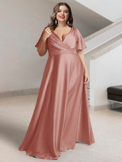 Ligne A/Princesse Col en V Manches Courtes Satin de Soie Grande Taille Robes de Demoiselle d'Honneur avec Poches