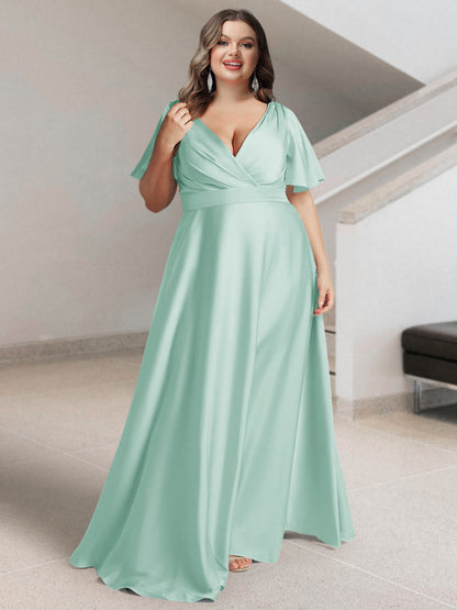 Ligne A/Princesse Col en V Manches Courtes Satin de Soie Grande Taille Robes de Demoiselle d'Honneur avec Poches