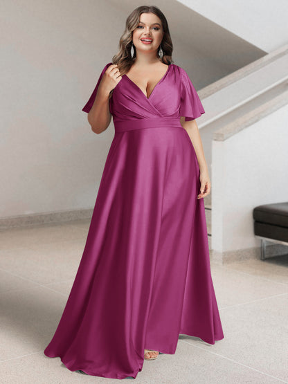 Ligne A/Princesse Col en V Manches Courtes Satin de Soie Grande Taille Robes de Demoiselle d'Honneur avec Poches