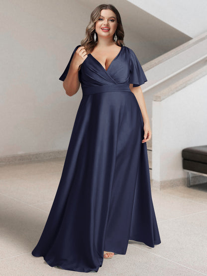 Ligne A/Princesse Col en V Manches Courtes Satin de Soie Grande Taille Robes de Demoiselle d'Honneur avec Poches