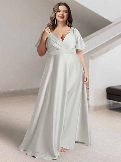 Ligne A/Princesse Col en V Manches Courtes Satin de Soie Grande Taille Robes de Demoiselle d'Honneur avec Poches