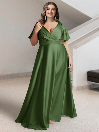 Ligne A/Princesse Col en V Manches Courtes Satin de Soie Grande Taille Robes de Demoiselle d'Honneur avec Poches