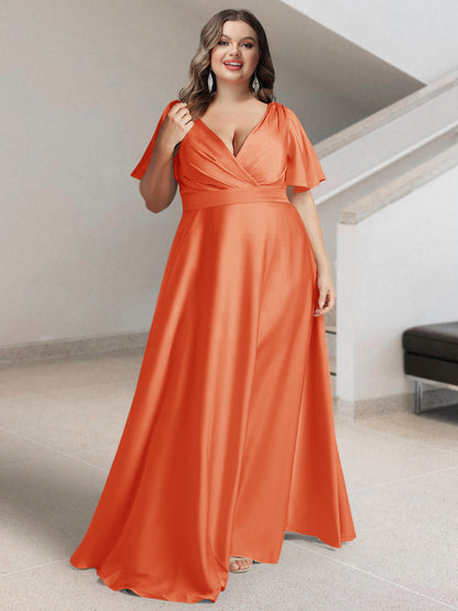 Ligne A/Princesse Col en V Manches Courtes Satin de Soie Grande Taille Robes de Demoiselle d'Honneur avec Poches