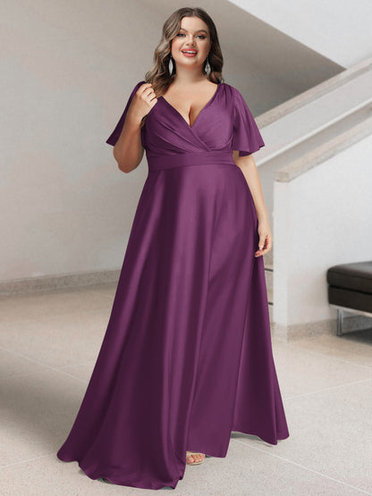 Ligne A/Princesse Col en V Manches Courtes Satin de Soie Grande Taille Robes de Demoiselle d'Honneur avec Poches
