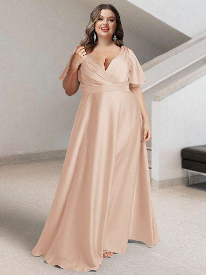 Ligne A/Princesse Col en V Manches Courtes Satin de Soie Grande Taille Robes de Demoiselle d'Honneur avec Poches