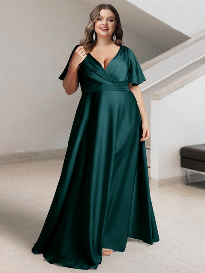 Ligne A/Princesse Col en V Manches Courtes Satin de Soie Grande Taille Robes de Demoiselle d'Honneur avec Poches