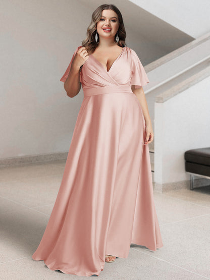 Ligne A/Princesse Col en V Manches Courtes Satin de Soie Grande Taille Robes de Demoiselle d'Honneur avec Poches
