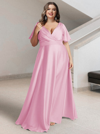 Ligne A/Princesse Col en V Manches Courtes Satin de Soie Grande Taille Robes de Demoiselle d'Honneur avec Poches