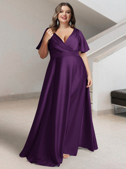 Ligne A/Princesse Col en V Manches Courtes Satin de Soie Grande Taille Robes de Demoiselle d'Honneur avec Poches