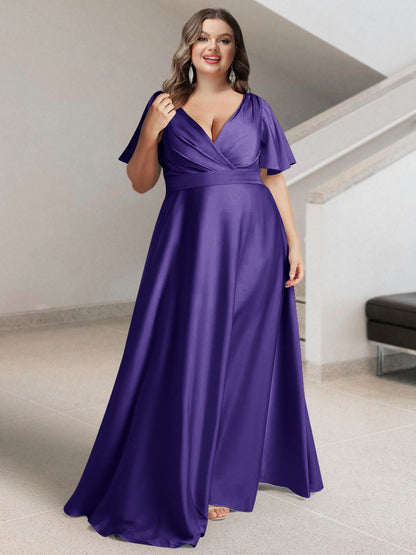 Ligne A/Princesse Col en V Manches Courtes Satin de Soie Grande Taille Robes de Demoiselle d'Honneur avec Poches