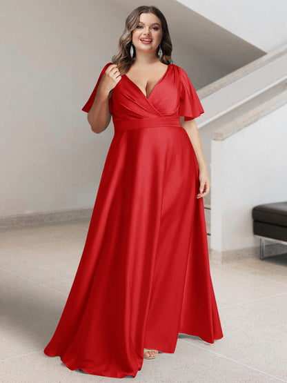 Ligne A/Princesse Col en V Manches Courtes Satin de Soie Grande Taille Robes de Demoiselle d'Honneur avec Poches