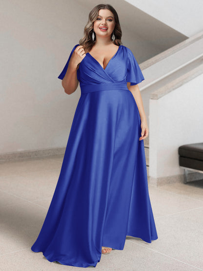 Ligne A/Princesse Col en V Manches Courtes Satin de Soie Grande Taille Robes de Demoiselle d'Honneur avec Poches