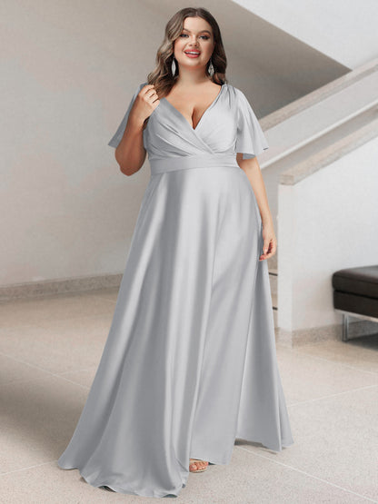 Ligne A/Princesse Col en V Manches Courtes Satin de Soie Grande Taille Robes de Demoiselle d'Honneur avec Poches