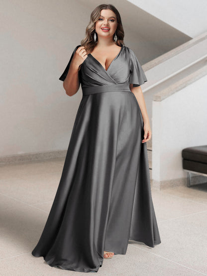 Ligne A/Princesse Col en V Manches Courtes Satin de Soie Grande Taille Robes de Demoiselle d'Honneur avec Poches
