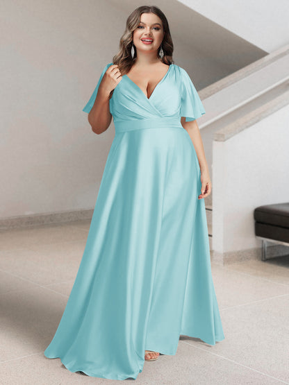 Ligne A/Princesse Col en V Manches Courtes Satin de Soie Grande Taille Robes de Demoiselle d'Honneur avec Poches