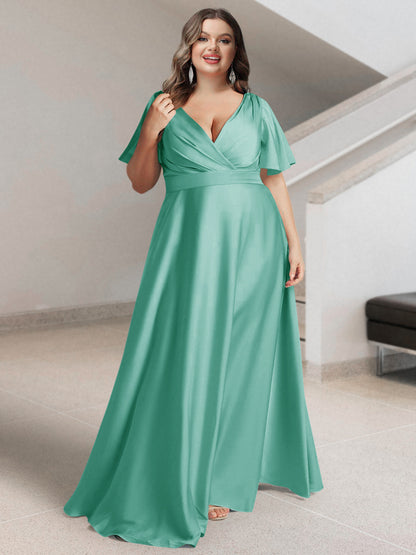 Ligne A/Princesse Col en V Manches Courtes Satin de Soie Grande Taille Robes de Demoiselle d'Honneur avec Poches