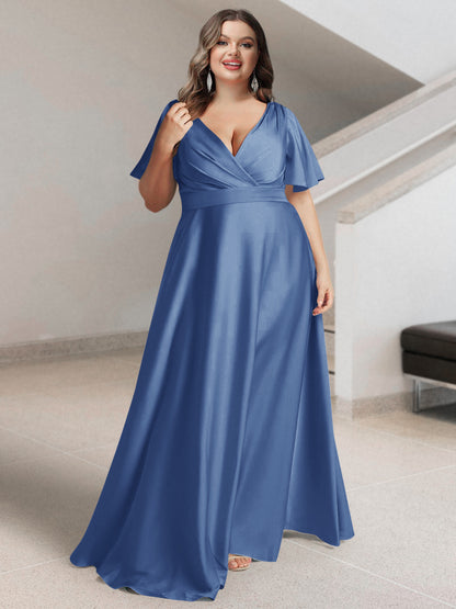 Ligne A/Princesse Col en V Manches Courtes Satin de Soie Grande Taille Robes de Demoiselle d'Honneur avec Poches
