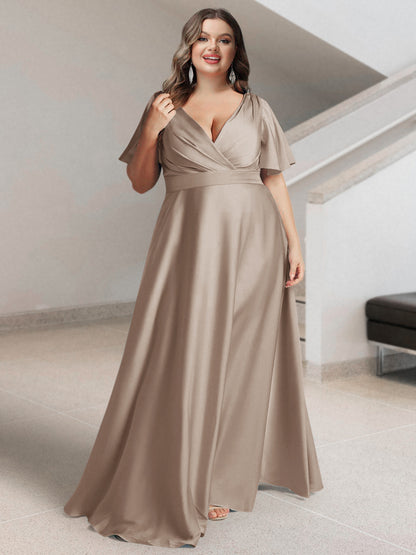 Ligne A/Princesse Col en V Manches Courtes Satin de Soie Grande Taille Robes de Demoiselle d'Honneur avec Poches