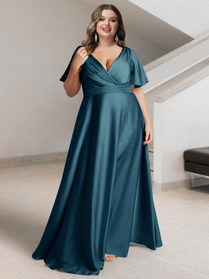 Ligne A/Princesse Col en V Manches Courtes Satin de Soie Grande Taille Robes de Demoiselle d'Honneur avec Poches