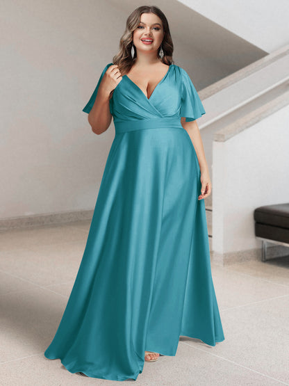 Ligne A/Princesse Col en V Manches Courtes Satin de Soie Grande Taille Robes de Demoiselle d'Honneur avec Poches