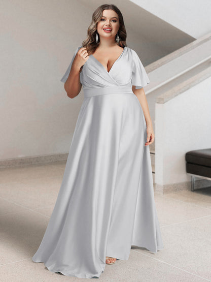 Ligne A/Princesse Col en V Manches Courtes Satin de Soie Grande Taille Robes de Demoiselle d'Honneur avec Poches