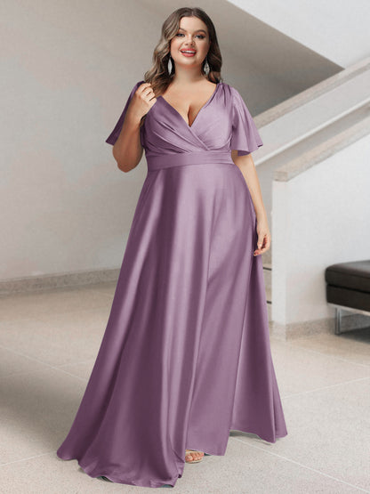 Ligne A/Princesse Col en V Manches Courtes Satin de Soie Grande Taille Robes de Demoiselle d'Honneur avec Poches