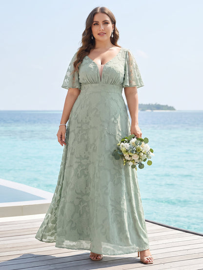 Robe de Demoiselle d'Honneur Grande Taille Ligne A/Princesse en Mousseline, Col en V, Demi-manches à Poches