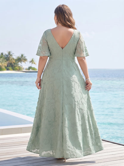 Robe de Demoiselle d'Honneur Grande Taille Ligne A/Princesse en Mousseline, Col en V, Demi-manches à Poches