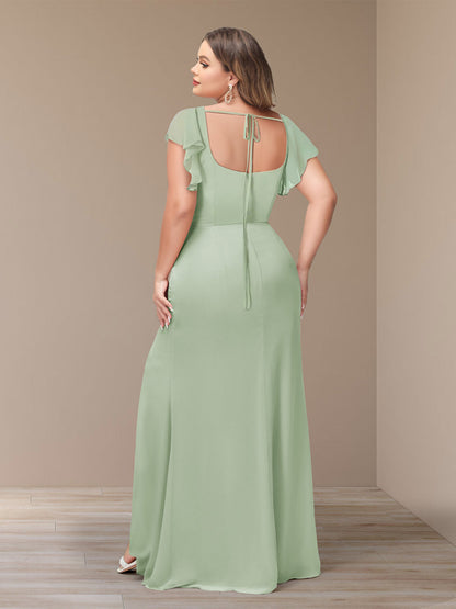 Robe de Demoiselle d'Honneur Grande Taille En Mousseline à Manches Courtes et Fourreau/Colonne avec Côté Fendu