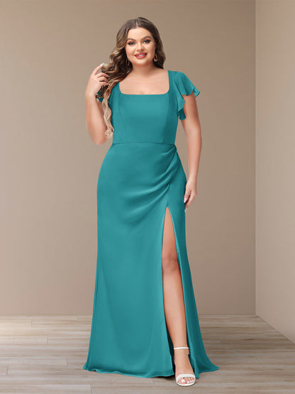 Robe de Demoiselle d'Honneur Grande Taille En Mousseline à Manches Courtes et Fourreau/Colonne avec Côté Fendu