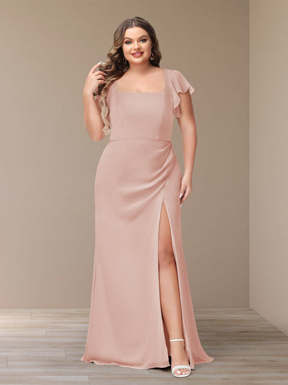 Robe de Demoiselle d'Honneur Grande Taille En Mousseline à Manches Courtes et Fourreau/Colonne avec Côté Fendu