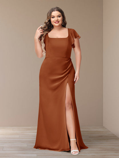 Robe de Demoiselle d'Honneur Grande Taille En Mousseline à Manches Courtes et Fourreau/Colonne avec Côté Fendu