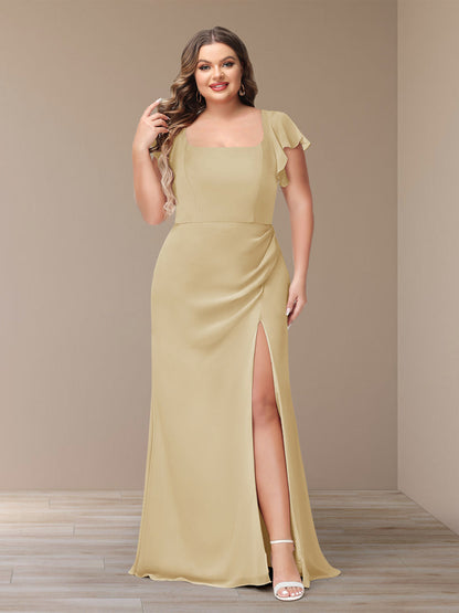 Robe de Demoiselle d'Honneur Grande Taille En Mousseline à Manches Courtes et Fourreau/Colonne avec Côté Fendu