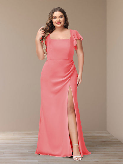 Robe de Demoiselle d'Honneur Grande Taille En Mousseline à Manches Courtes et Fourreau/Colonne avec Côté Fendu