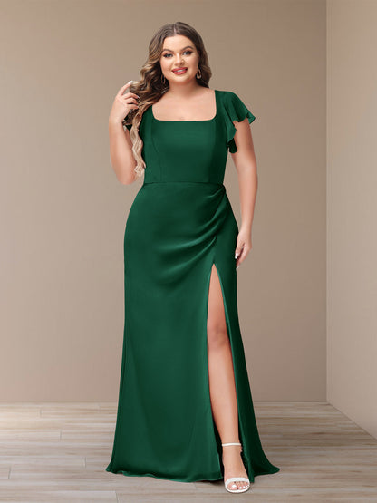 Robe de Demoiselle d'Honneur Grande Taille En Mousseline à Manches Courtes et Fourreau/Colonne avec Côté Fendu