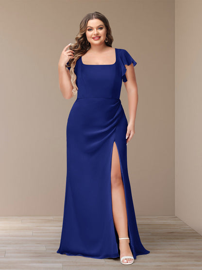 Robe de Demoiselle d'Honneur Grande Taille En Mousseline à Manches Courtes et Fourreau/Colonne avec Côté Fendu