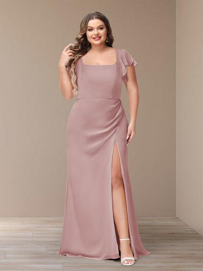 Robe de Demoiselle d'Honneur Grande Taille En Mousseline à Manches Courtes et Fourreau/Colonne avec Côté Fendu