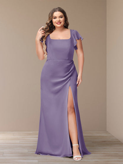 Robe de Demoiselle d'Honneur Grande Taille En Mousseline à Manches Courtes et Fourreau/Colonne avec Côté Fendu