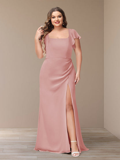 Robe de Demoiselle d'Honneur Grande Taille En Mousseline à Manches Courtes et Fourreau/Colonne avec Côté Fendu