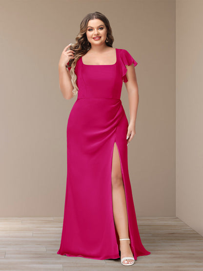 Robe de Demoiselle d'Honneur Grande Taille En Mousseline à Manches Courtes et Fourreau/Colonne avec Côté Fendu