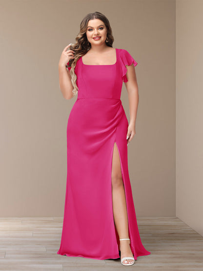 Robe de Demoiselle d'Honneur Grande Taille En Mousseline à Manches Courtes et Fourreau/Colonne avec Côté Fendu